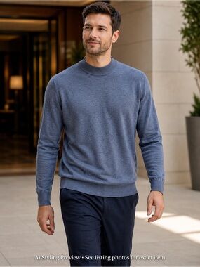 Patrick Assaraf XL Extra Fine Merino Wool Sweater Blue Grey Mock Neck